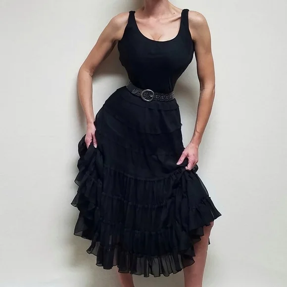 𝅺VINTAGE Jones Wear Black Chiffon Sleeveless Tiered Ruffle Full Skirt Midi Dres - Picture 2 of 15
